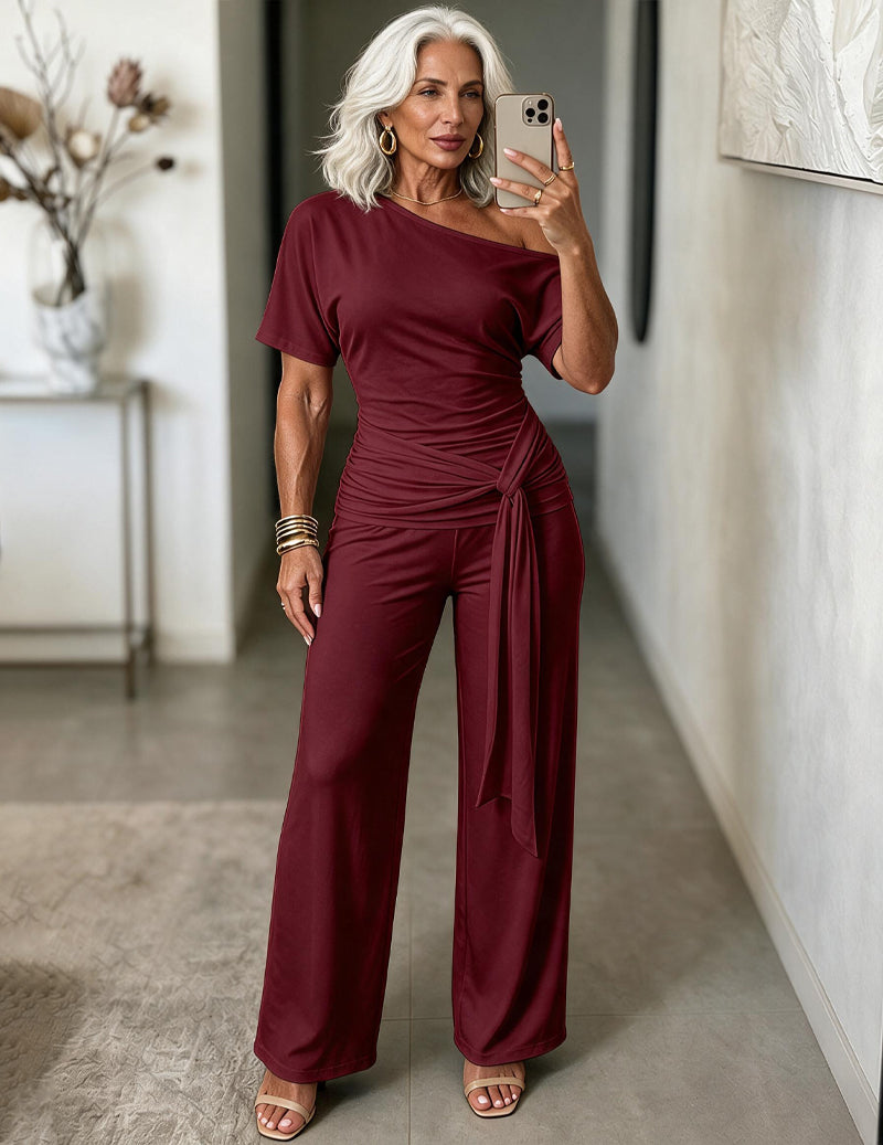 ekouaer-pajama-sets-one-shoulder-hausanzug-grau-wide-leg image 4