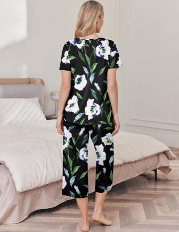 ekouaer-capri-pyjama-kurzarm-v-ausschnitt-baumwolle-taschen image 3
