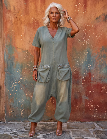 ekouaer-jumpsuits-overall-kurzarm-denim-cargo-pfauenblau image 7