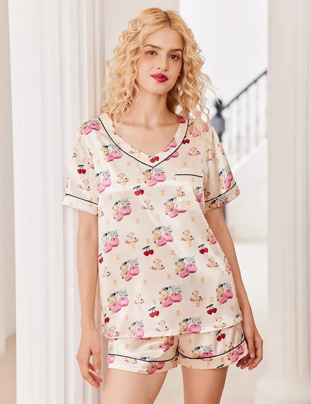 ekouaer-pajama-satin-pj-set-pyjama-kurz-v-ausschnitt image 1