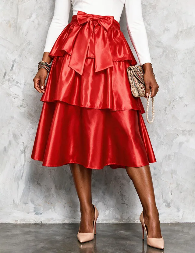 ekouaer-nightgowns-satin-rock-damen-midi-schleife-high-waist image 1