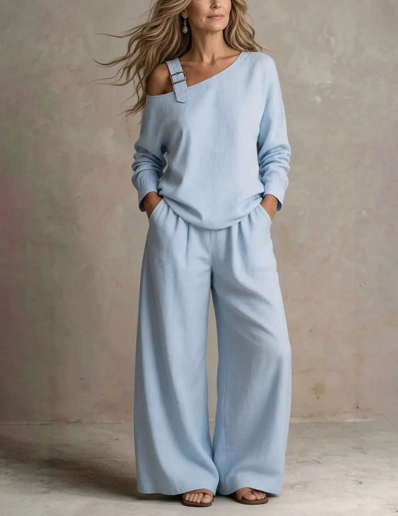 ekouaer-pajama-sets-zweiteiler-langarm-weit-hellblau-leinenoptik image 1