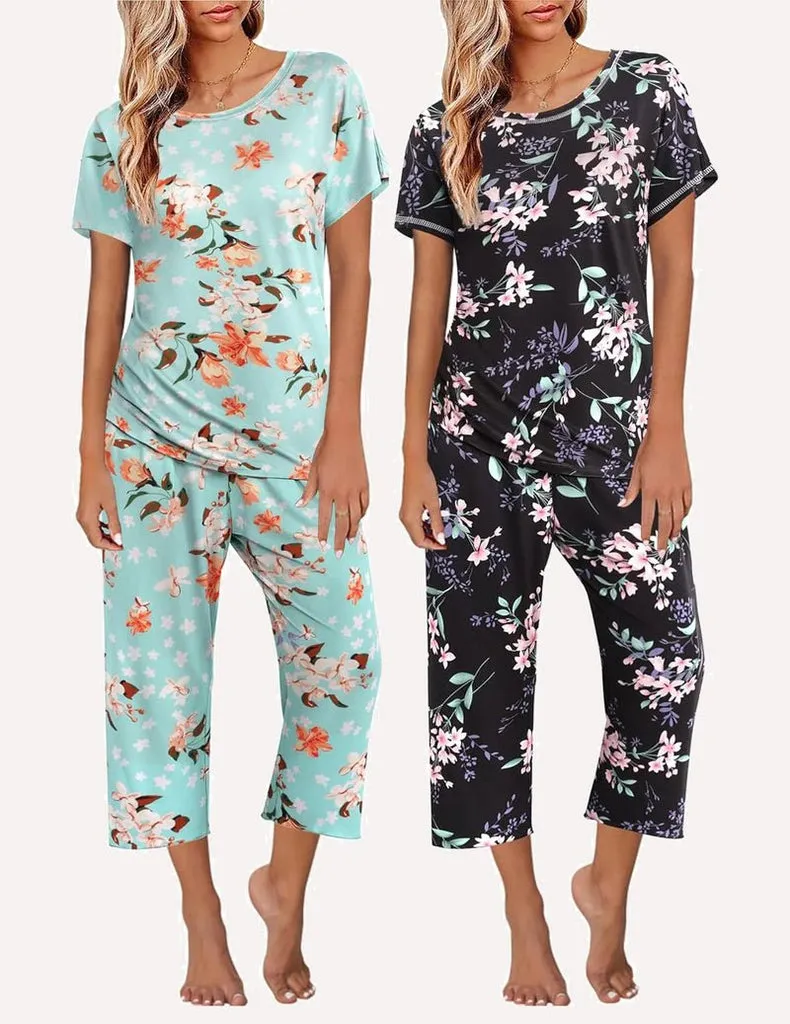 ekouaer-pajama-sets-2er-pyjama-capri-blumenmuster-kurzarm image 1