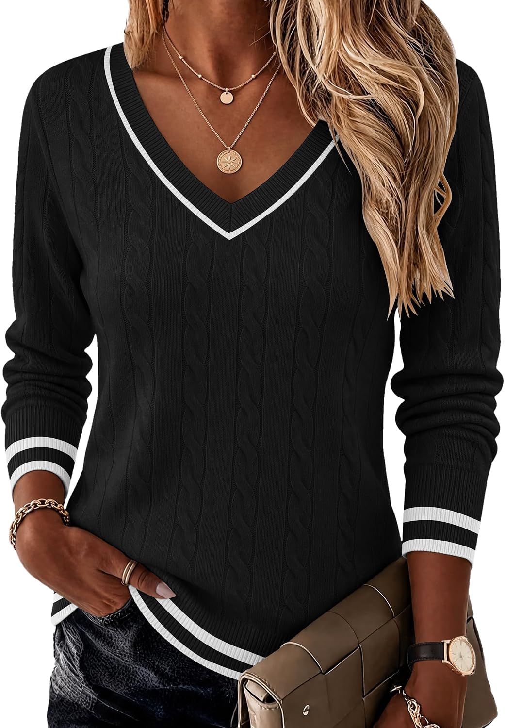 ekouaer-pajama-sets-v-neck-stricktop-apricot-langarm image 1