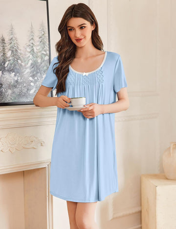 ekouaer-nightgowns-nachthemd-kurzarm-spitze-blumen-knielang image 5