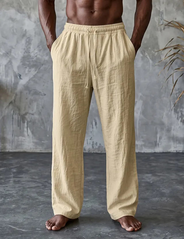 ekouaer-men-leinenhose-herren-beige-weit-mit-kordelzug image 1