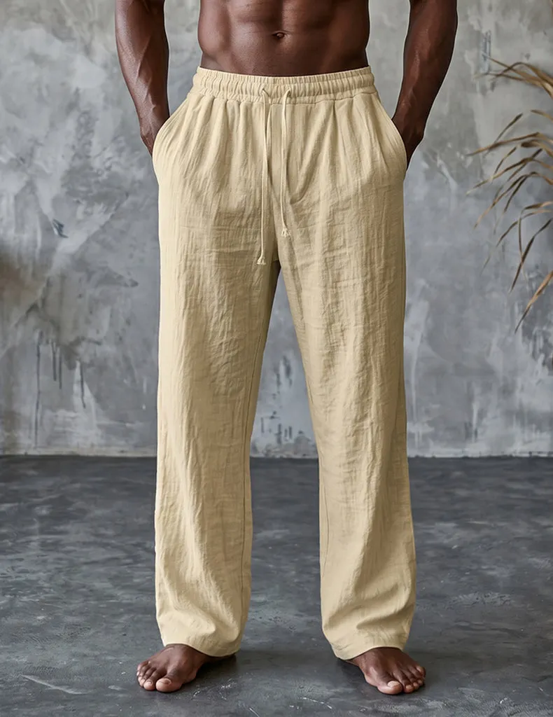 ekouaer-men-leinenhose-herren-beige-weit-mit-kordelzug image 1