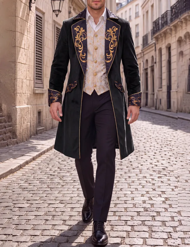 ekouaer-men-steampunk-frack-herren-schwarz-bestickt-slim-fit image 1