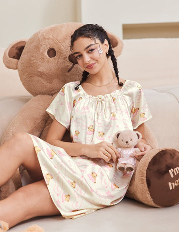 ekouaer-nightgowns-satin-nachthemd-kurzarm-blumen-knielang image 3