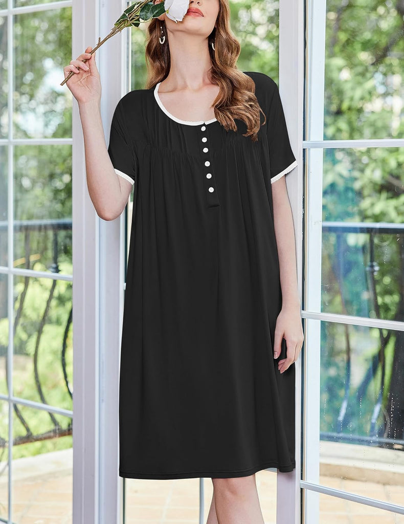 ekouaer-house-dress-nachthemd-spitze-knopfleiste-kurz image 1