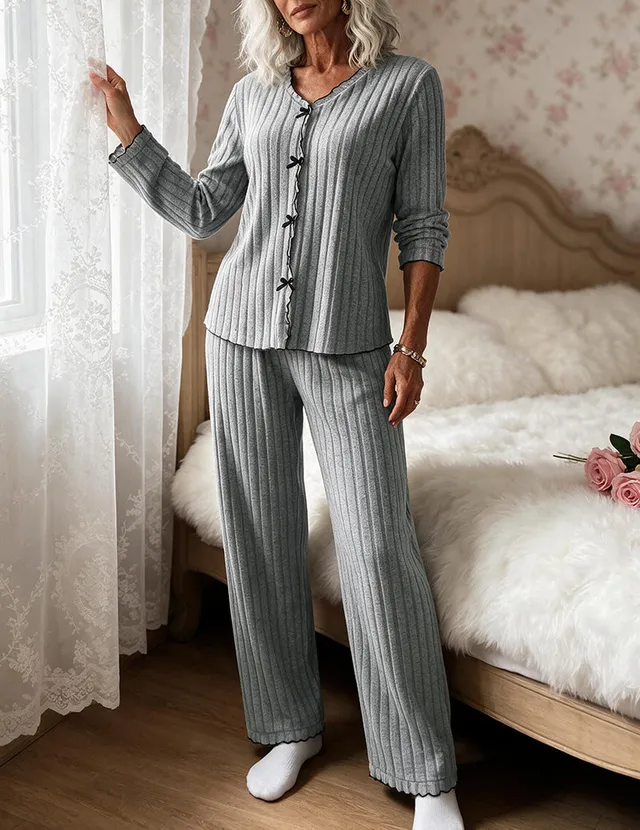 ekouaer-pyjama-set-damen-langarm-gerippt-hellgr-n-v-ausschnitt image 1