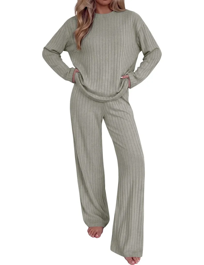ekouaer-pyjama-set-gerippt-stehkragen-wide-leg-2-teilig image 1