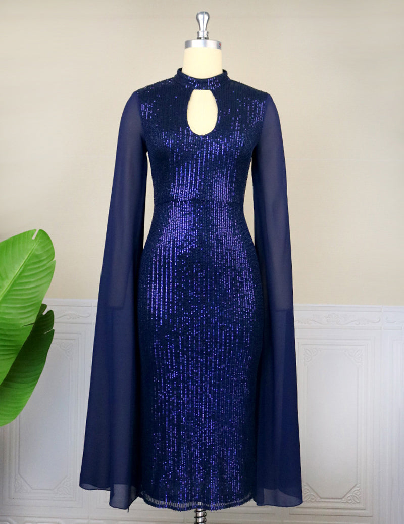 ekouaer-paillettenkleid-midi-navy-cape-keyhole-stehkragen image 4