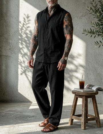 ekouaer-men-leinen-set-herren-wei-hemd-lange-hose image 7