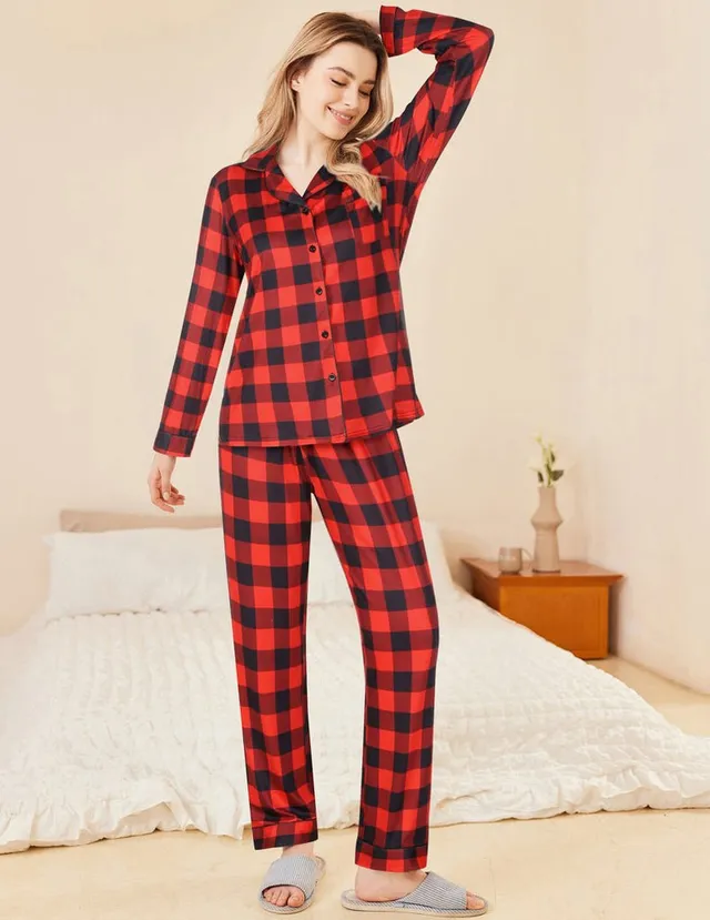 ekouaer-plaid-schlafanzug-pyjama-karo-set-knopfleiste-langarm image 1