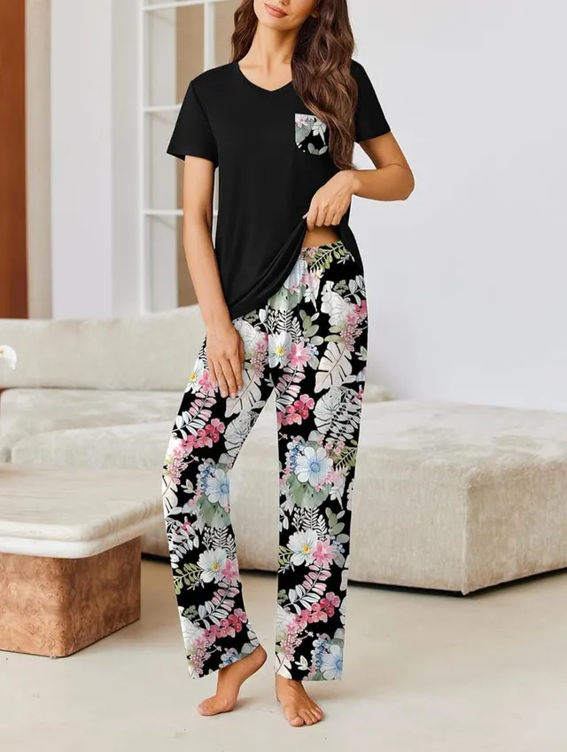 ekouaer-pyjama-damen-kurzarm-v-ausschnitt-lange-hose-set image 1
