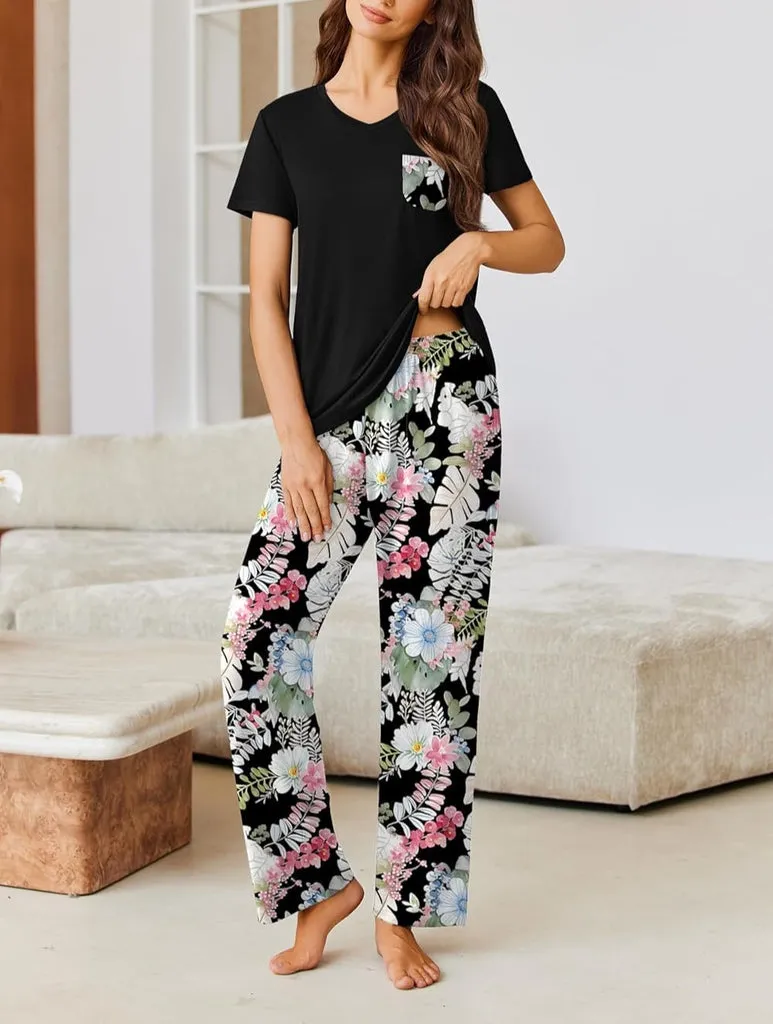 ekouaer-pyjama-damen-kurzarm-v-ausschnitt-lange-hose-set image 1