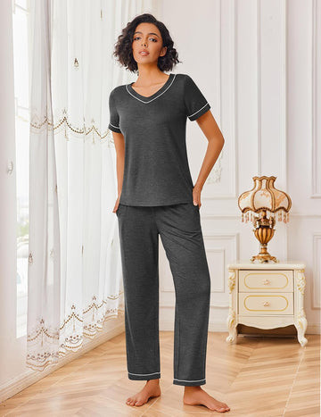 ekouaer-pajama-sets-schlafanzug-v-ausschnitt-kurzarm image 3