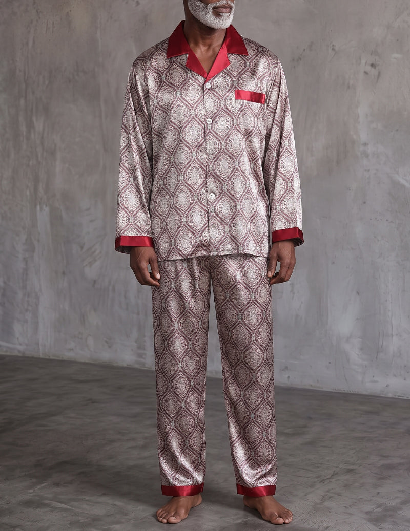 ekouaer-men-satin-pyjama-red-geometric-langarm-gemustert image 2