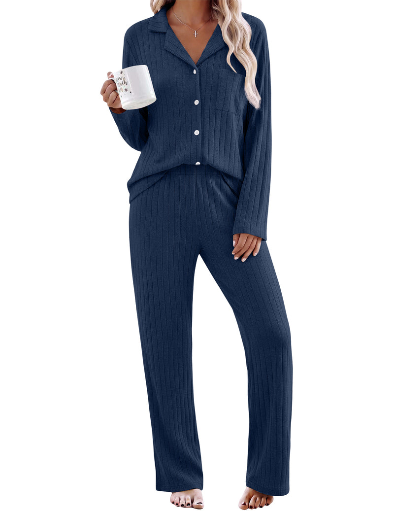 ekouaer-pajama-sets-schlafanzug-gerippt-langarm-hellblau image 8
