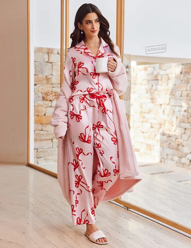 ekouaer-satin-pyjama-set-lang-knopfleiste-damen-2-teilig image 1