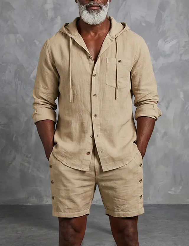 ekouaer-men-herren-leinen-set-hemd-shorts-kapuze image 1