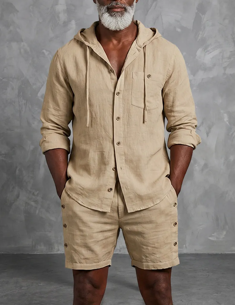ekouaer-men-herren-leinen-set-hemd-shorts-kapuze image 1