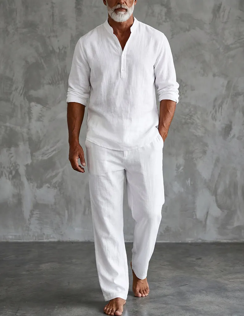 ekouaer-men-leinen-henley-set-hemd-hose-wei image 1