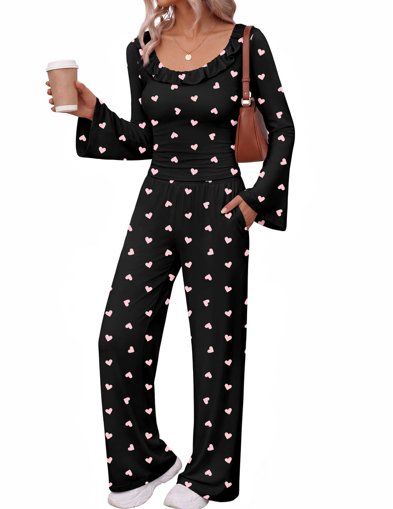 ekouaer-pajama-sets-pink-bow-schlafanzug-glocke-lang-2-teilig image 4