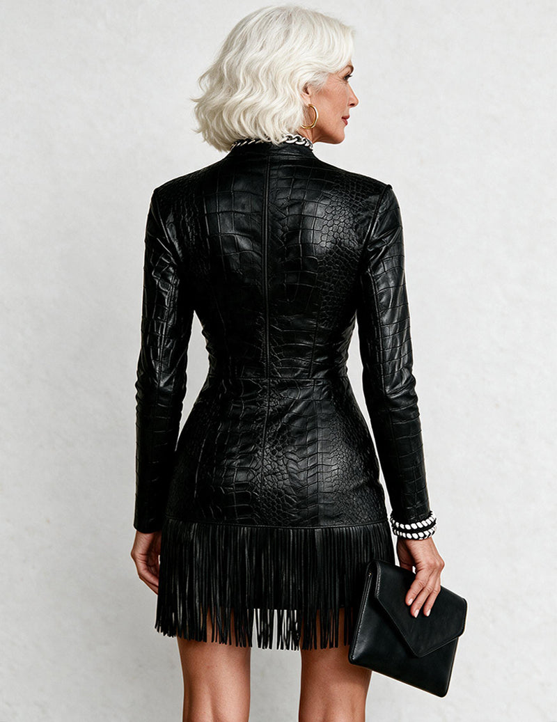 ekouaer-nightgowns-kunstleder-kleid-fransen-kroko-schwarz image 3