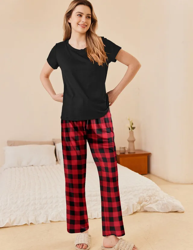 ekouaer-classic-plaid-schlafanzug-damen-2-teilig-kurzarm-karo image 1