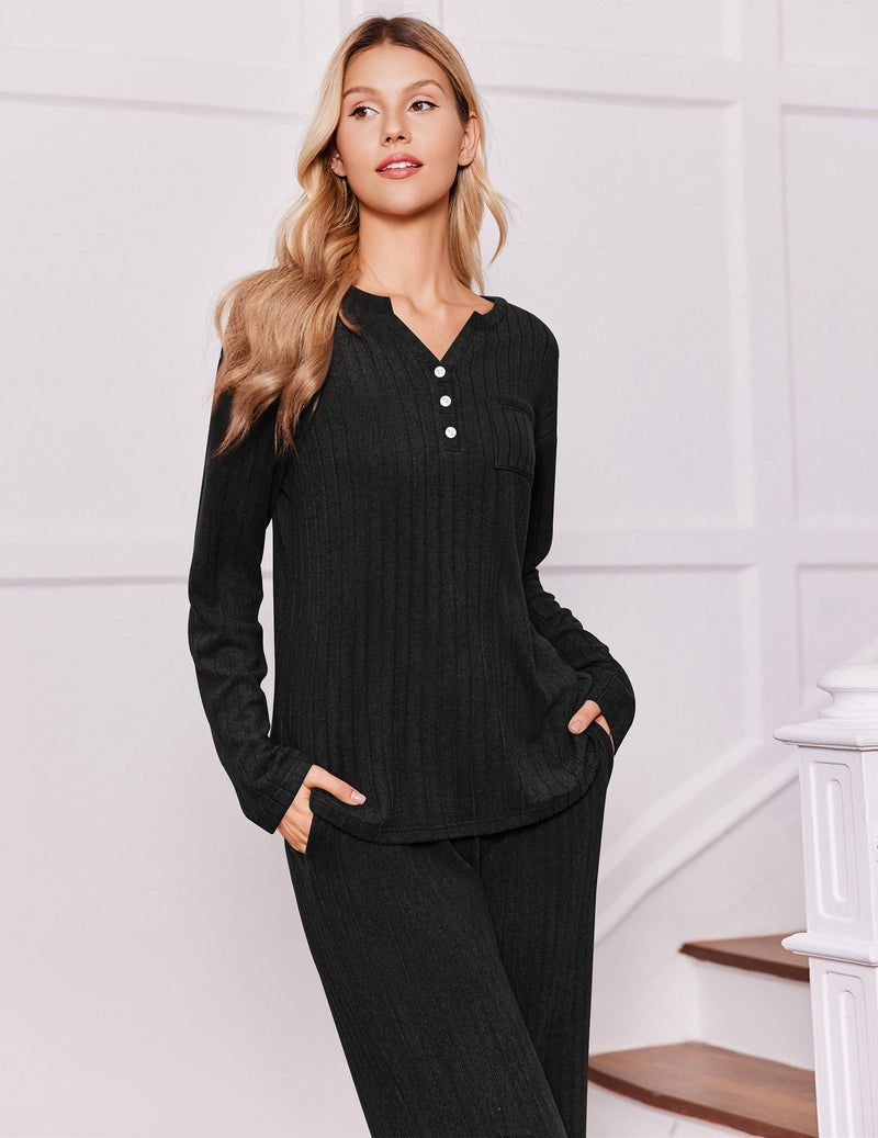 ekouaer-v-neck-ribbed-schlafanzug-langarm-gerippt-mit-taschen image 7