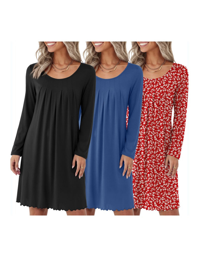ekouaer-nightgowns-nachthemd-3er-pack-blumen-langarm-taschen image 8