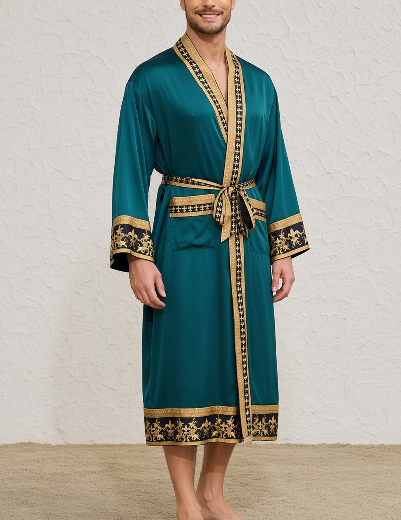 ekouaer-men-barock-morgenmantel-grau-satin-shorts-set image 3