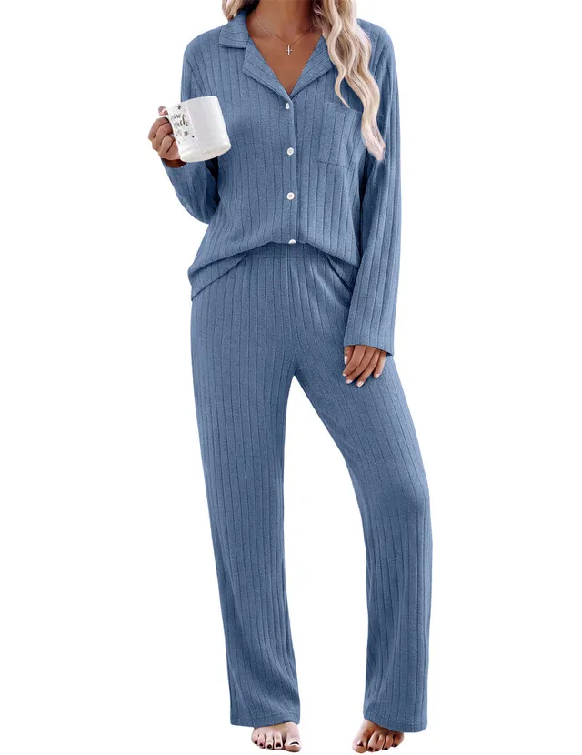 ekouaer-pajama-sets-schlafanzug-gerippt-langarm-hellblau image 1