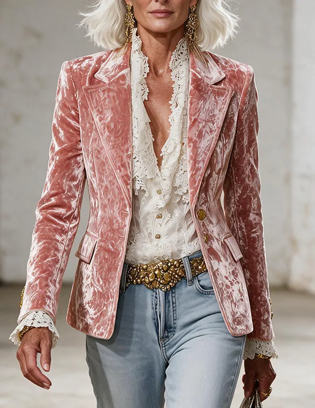 ekouaer-pajama-sets-samt-blazer-cropped-rosa-ein-knopf image 1