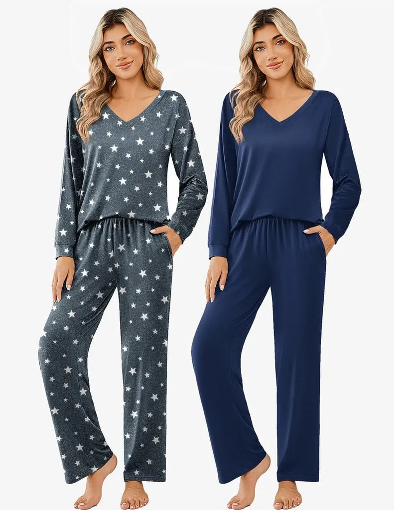 ekouaer-pajama-sets-2er-pyjama-langarm-v-ausschnitt image 1