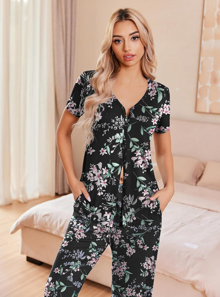 ekouaer-pajama-sets-schlafanzug-knopfleiste-caprihose image 1
