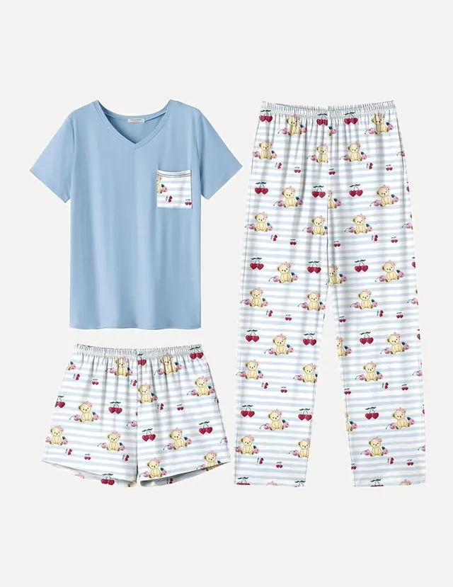 ekouaer-pajama-sets-3-piece-kurzarm-pyjama-set-shorts-hose-taschen image 1