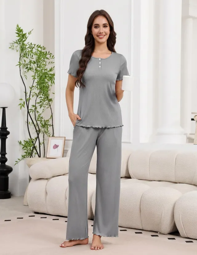 ekouaer-ribbed-henley-pyjama-silber-grau-kurzarm-taschen image 1
