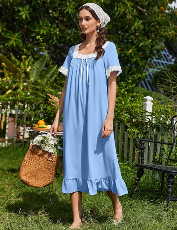 ekouaer-nightgowns-cotton-nachthemd-kurzarm-spitze-vintage image 7
