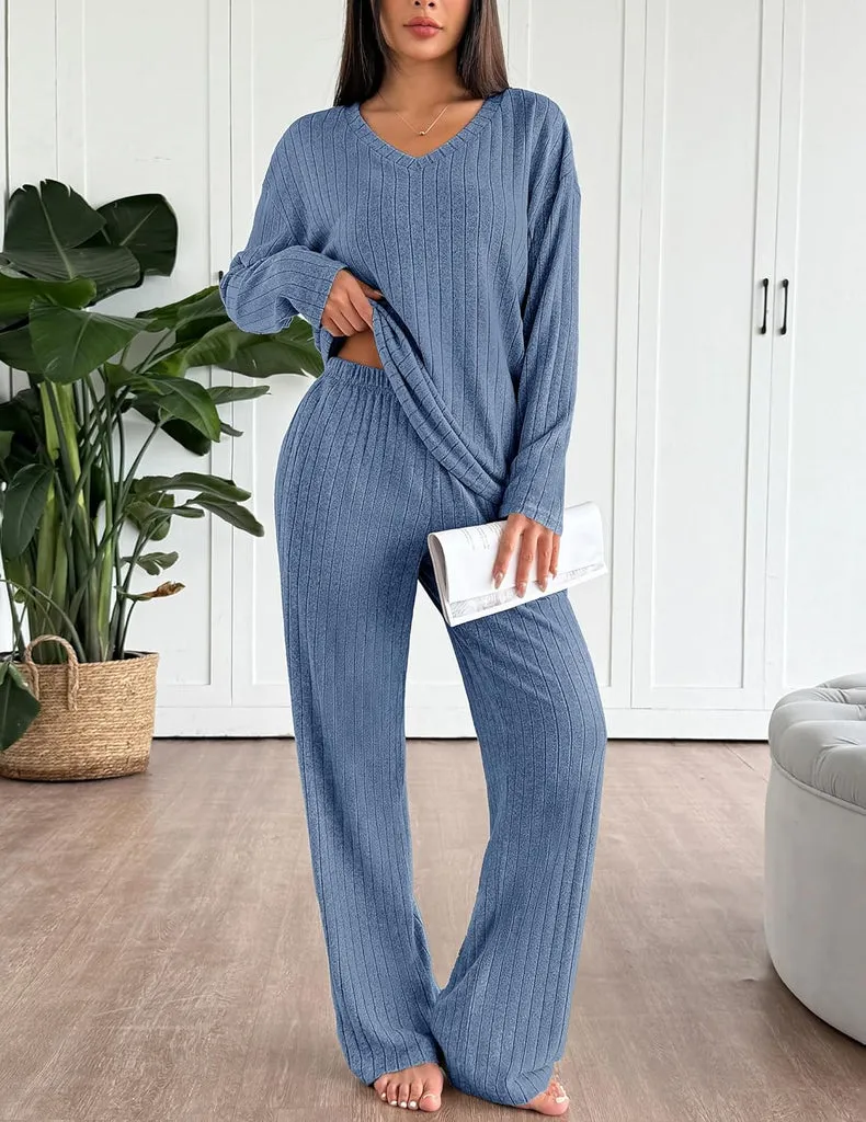ekouaer-pajama-sets-lounge-set-pyjama-langarm-ripstrick image 1