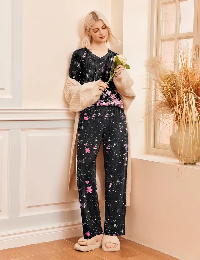 ekouaer-pajama-sets-plissee-schlafanzug-langarm-mit-taschen image 1