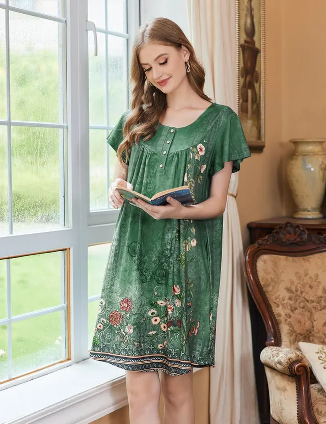 ekouaer-nightgowns-nachthemd-kurzarm-blumen-mit-taschen image 1