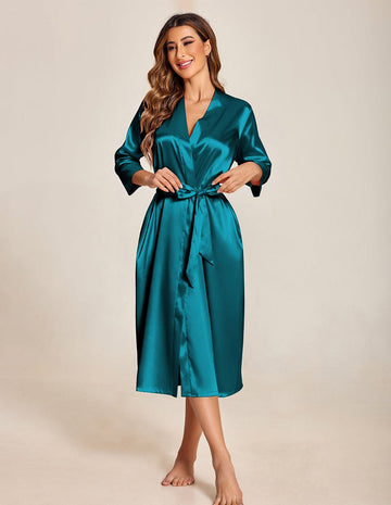 ekouaer-luxury-satin-morgenmantel-damen-3-4-arm-wadenlang image 5
