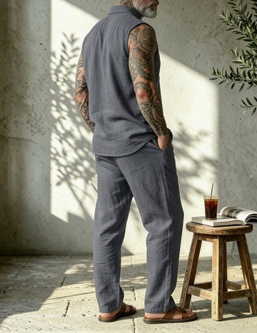 ekouaer-men-leinen-set-herren-wei-hemd-lange-hose image 3