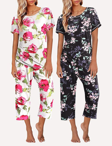 ekouaer-pajama-sets-2er-pyjama-capri-blumenmuster-kurzarm image 3