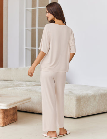 ekouaer-schlafanzug-damen-kurzarm-weite-hose-mit-taschen image 5