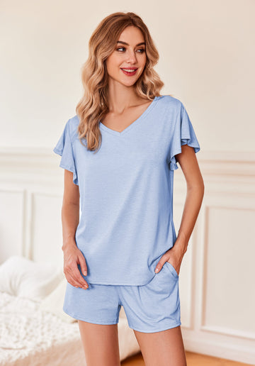 ekouaer-ruffle-pyjama-set-damen-kurzarm-v-ausschnitt image 3