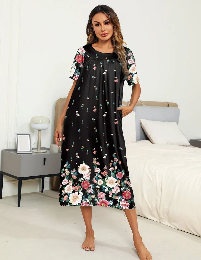 ekouaer-nightgowns-house-dress-nachthemd-kurzarm-wadenlang image 1